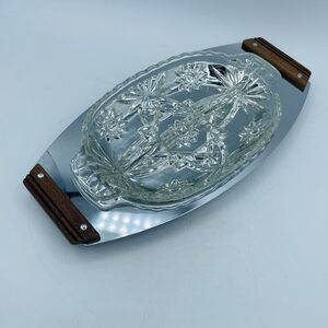 Vintage Holiday Relish Cranberry Kromex Sculptura Chrome Wood Handled Platter